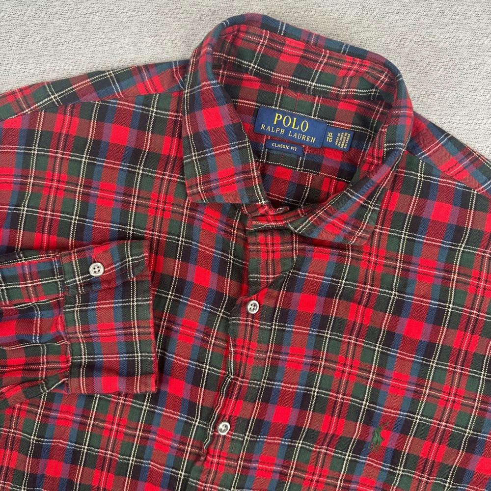 Polo Ralph Lauren Shirt Men XL Classic Fit Red Green Tartan Plaid Winter Holiday